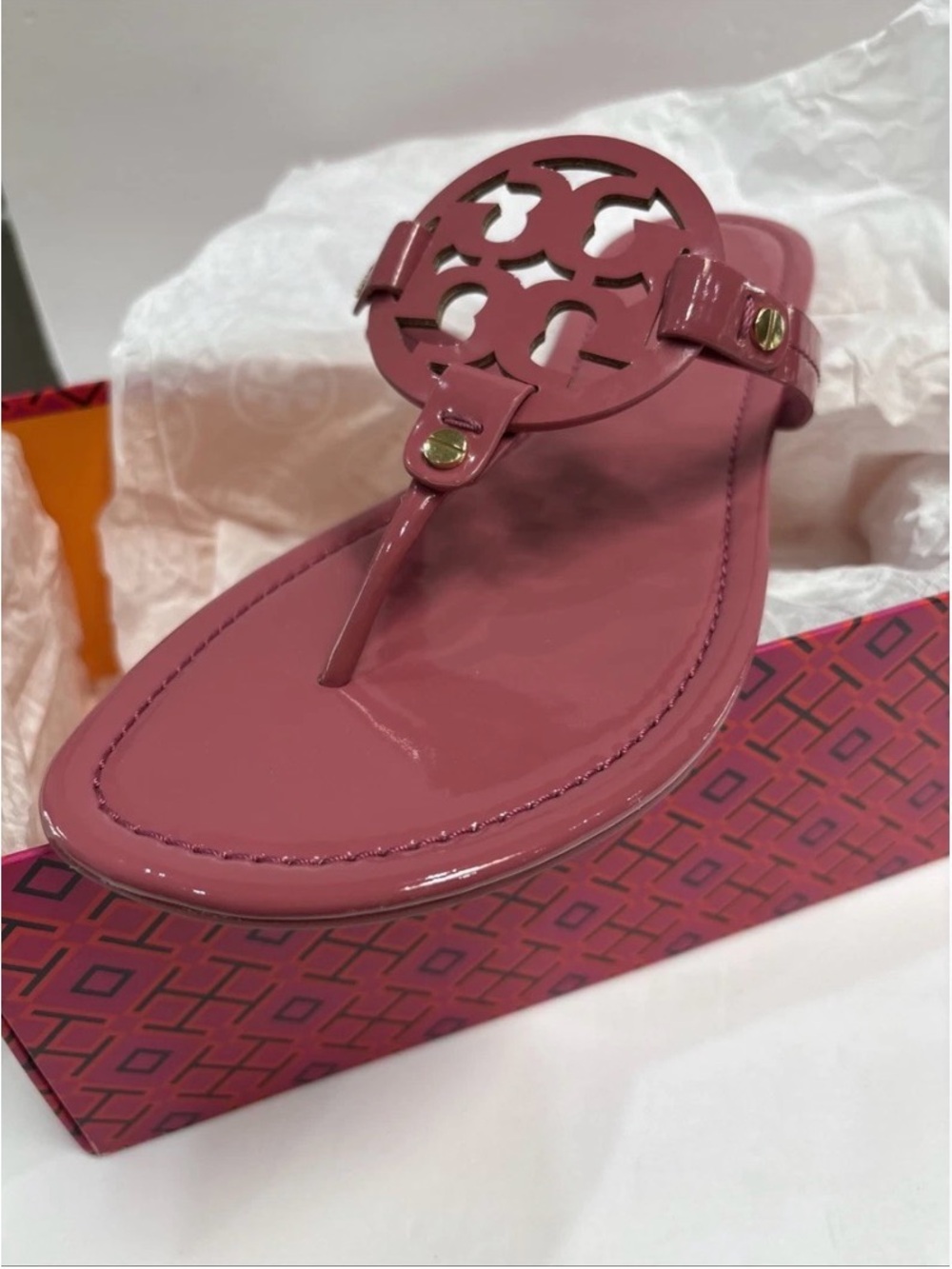 Tory Burch Patent Logo Toe-Post Sandal in Rose Pink